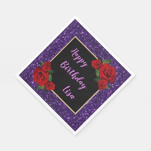 Serviette En Papier Elégante Parties scintillant chic violet Roses rou (Coin)