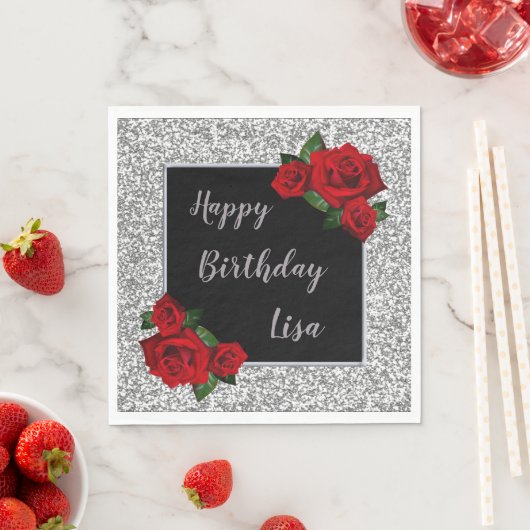 Serviette En Papier Elégante Parties scintillant d'argent chic Roses r (En situation)