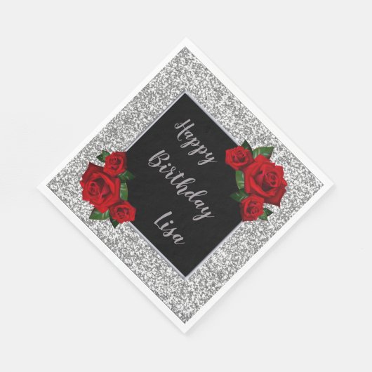Serviette En Papier Elégante Parties scintillant d'argent chic Roses r (Coin)