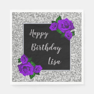 Serviette En Papier Elégante Parties scintillant d'argent chic violet 