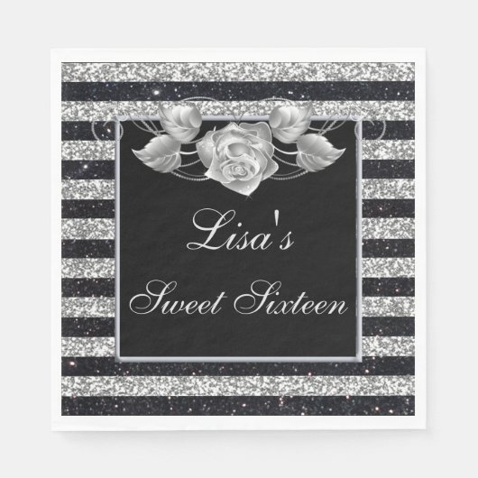 Serviette En Papier Elégante Parties scintillant d'argent noir Rose ar (Devant)