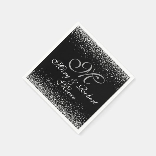 Serviette En Papier Elégante Parties scintillant d'argent sur noir (Coin)