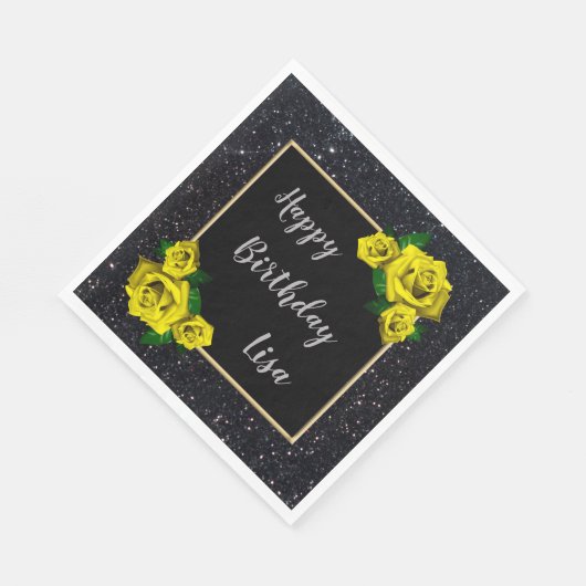 Serviette En Papier Elégante Parties scintillant noire chic Roses Jaun (Coin)