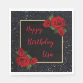 Serviette En Papier Elégante Parties scintillant noire Chic Roses roug (Devant)