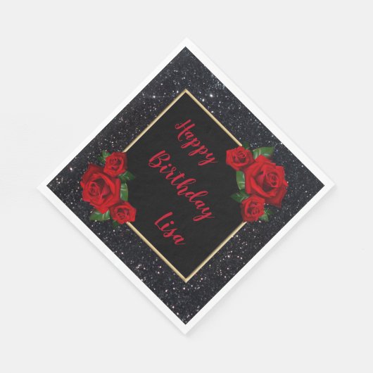 Serviette En Papier Elégante Parties scintillant noire Chic Roses roug (Coin)