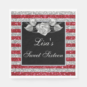 Serviette En Papier Elégante Parties scintillant rouge argent Rose arg