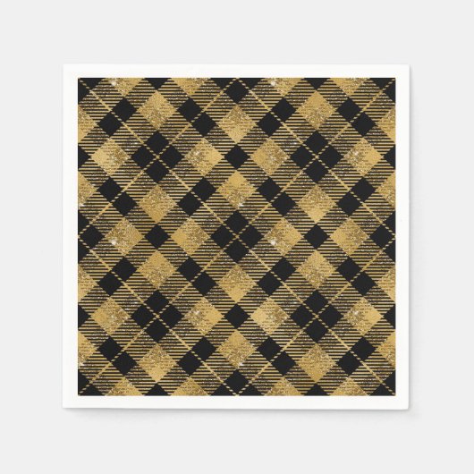 Serviette En Papier Elégante Parties scintillant Tartan Black Gold (Devant)