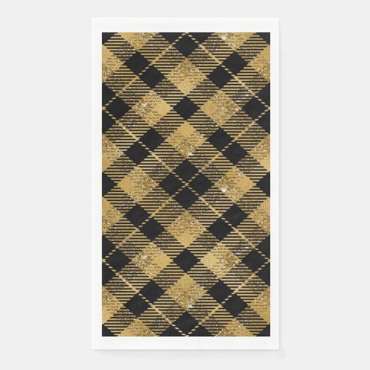 Serviette En Papier Elégante Parties scintillant Tartan Black Gold (Devant)