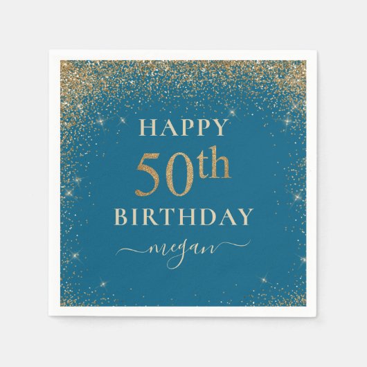 Serviette En Papier Elégante Parties scintillant turquoise 50e fête d' (Devant)