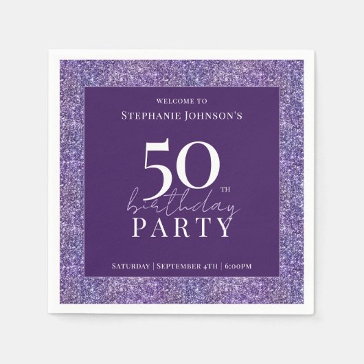 Serviette En Papier Elégante Parties scintillant violet 50ème annivers (Devant)