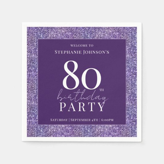 Serviette En Papier Elégante Parties scintillant violet 80e fête d'ann (Devant)