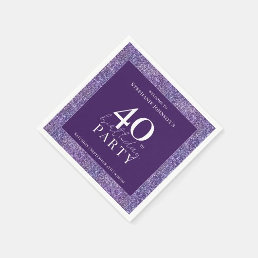 Serviette En Papier Elégante Parties scintillant violet fête du 40e an (Coin)