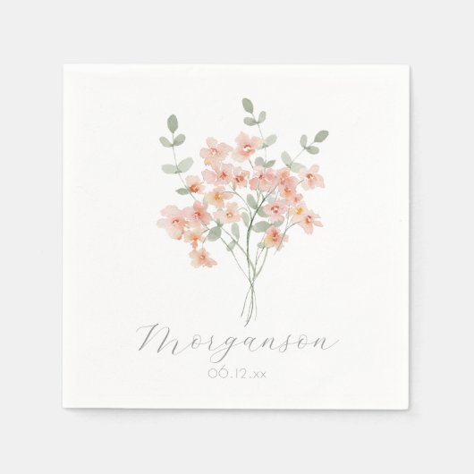 Serviette En Papier Elégante Pêche et aquarelle verte Florale (Devant)