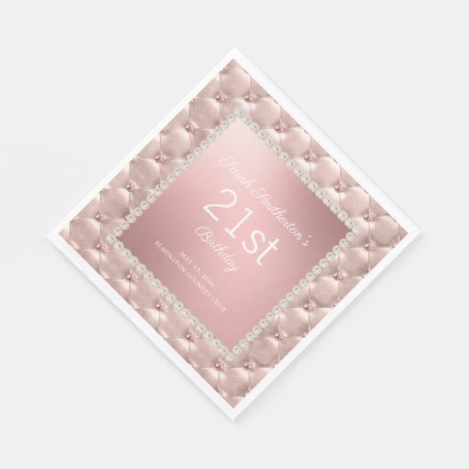 Serviette En Papier Elégante perles touffetées roses 21e anniversaire (Coin)