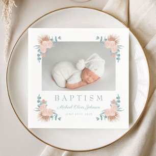 Serviette En Papier Élégante Photo de Baptême Floral de Garçon 