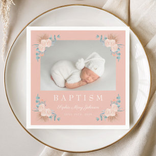 Serviette En Papier Élégante Photo de Fille Fleurie Baptême Rose