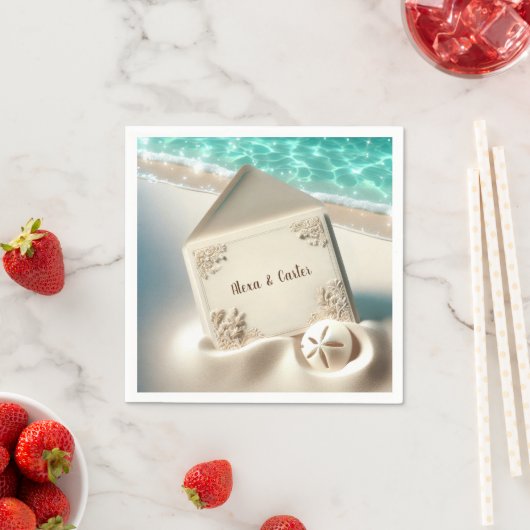 Serviette En Papier Elégante Plage Mariage Invitation Dans Le Sable (En situation)
