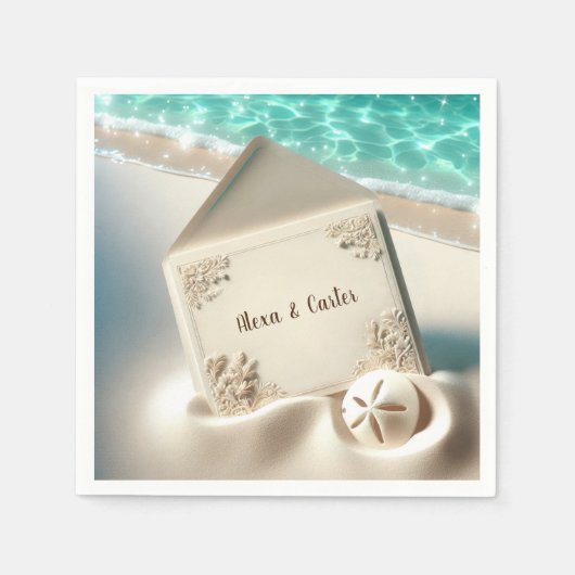 Serviette En Papier Elégante Plage Mariage Invitation Dans Le Sable (Devant)