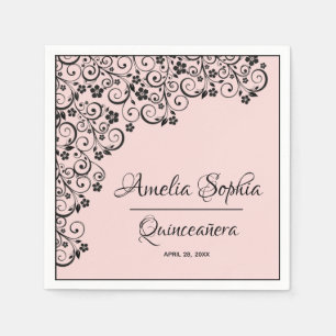 Serviette En Papier Elégante Quinceañera Black Swirls sur Blush Pink