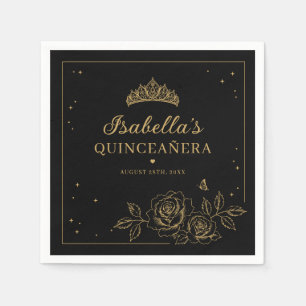 Serviette En Papier Élégante Quinceañera Florale Or en Noir