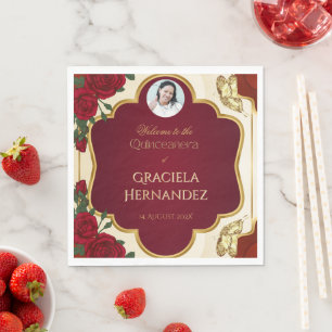 Serviette En Papier Élégante Quinceañera Rose Rouge Bourgogne & Or