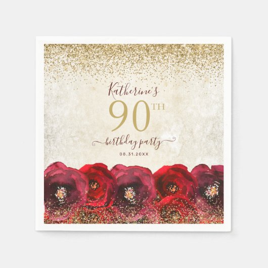 Serviette En Papier Elégante Rose rouge Floral Gold 90e fête d'anniver (Devant)