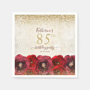 Serviette En Papier Elégante Rose rouge Floral Or 85e fête d'anniversa
