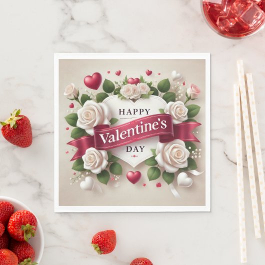 Serviette En Papier Elégante Saint Valentin Design avec Roses, Coeurs (En situation)