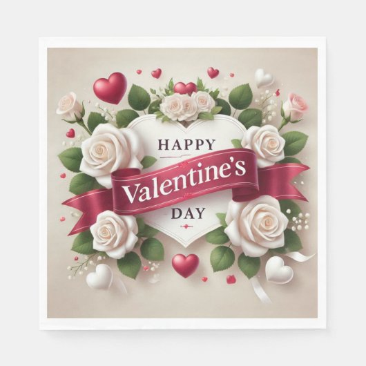 Serviette En Papier Elégante Saint Valentin Design avec Roses, Coeurs (Devant)