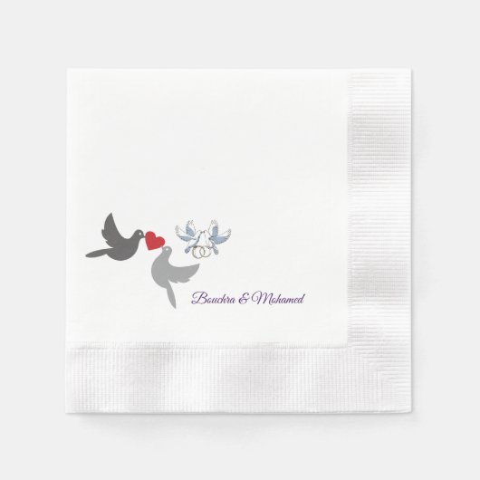 Serviette En Papier Élégante serviette de mariage avec des colombes et (Devant)