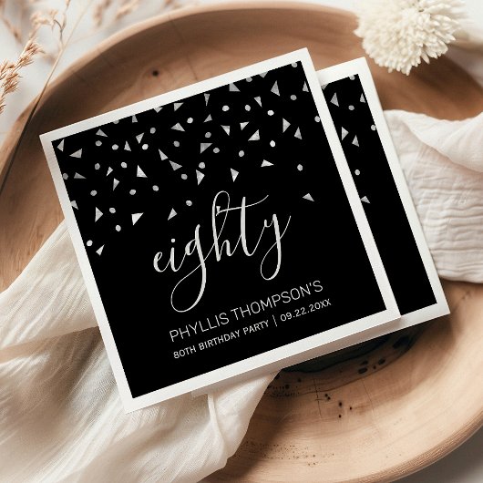 Serviette En Papier Elégante Soirée Noire Confetti 80ème anniversaire