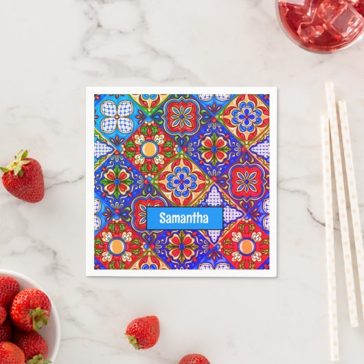 Serviette En Papier Elégante talavera mexicaine carrelage bleu violet  (En situation)