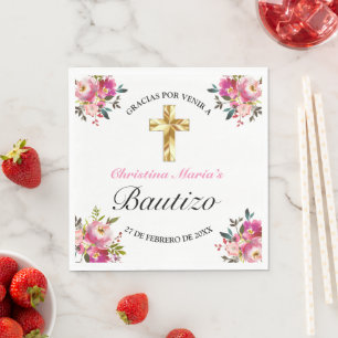 Serviette En Papier Elegante Tinta Floral Bautizo Cruz De Oro