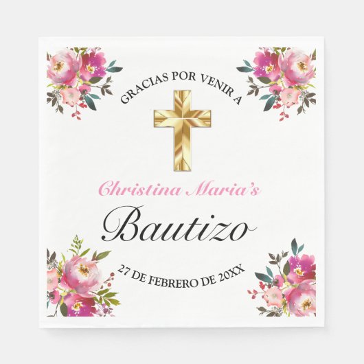 Serviette En Papier Elegante Tinta Floral Bautizo Cruz De Oro (Devant)