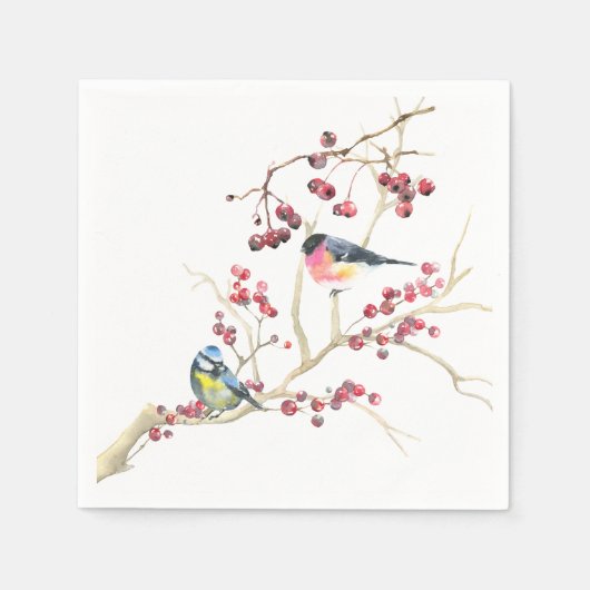 Serviette En Papier Elégante verdure de Noël avec oiseaux et baies (Devant)