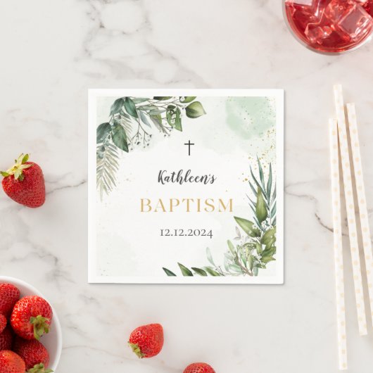 Serviette En Papier Élégante verdure Feuillage Baptême (En situation)