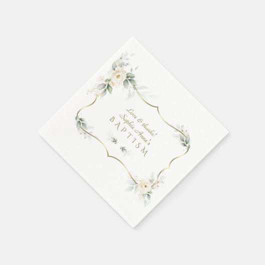 Serviette En Papier Élégante verdure Fleurs blanches Croix d'or Baptêm (Coin)