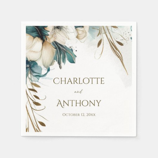 Serviette En Papier Élégante verdure Floral Minimal Turquoise Mariage (Devant)