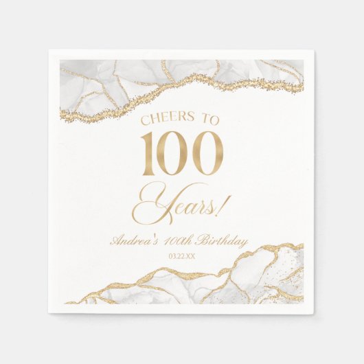 Serviette En Papier Elégante White Gold Agate 100e fête d'anniversaire (Devant)