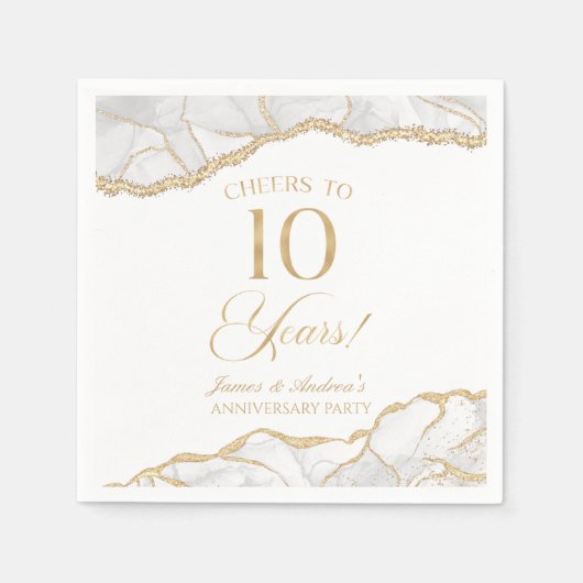Serviette En Papier Elégante White Gold Agate 10e anniversaire fête (Devant)
