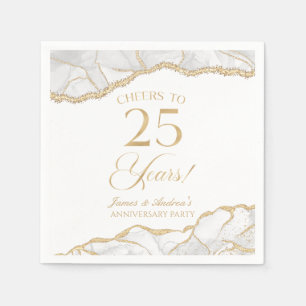 Serviette En Papier Élégante White Gold Agate 25e anniversaire fête