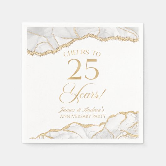 Serviette En Papier Élégante White Gold Agate 25e anniversaire fête (Devant)