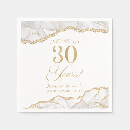 Serviette En Papier Elégante White Gold Agate 30e anniversaire fête (Devant)