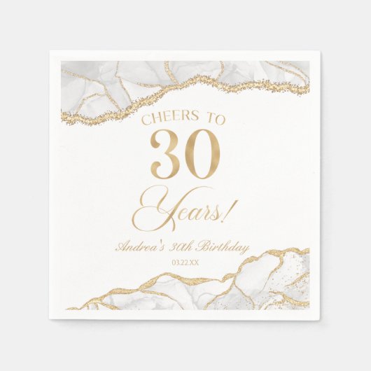 Serviette En Papier Elégante White Gold Agate 30e fête d'anniversaire (Devant)