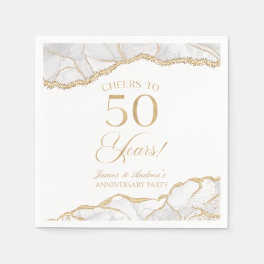 Serviette En Papier Elégante White Gold Agate 50e Anniversaire Party (Devant)