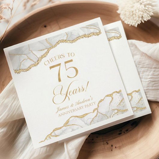 Serviette En Papier Elégante White Gold Agate 75e Anniversaire Party
