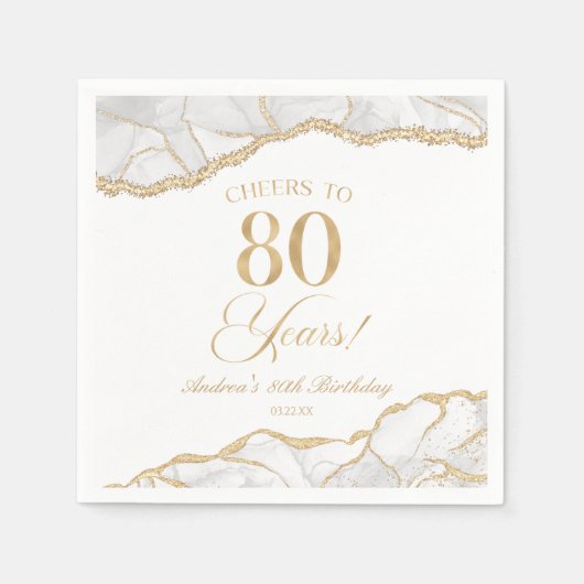 Serviette En Papier Elégante White Gold Agate 80e fête d'anniversaire (Devant)