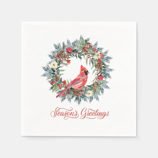 Serviette En Papier Élégantes Bonnes Fêtes couronnes cardinal rouge (Devant)