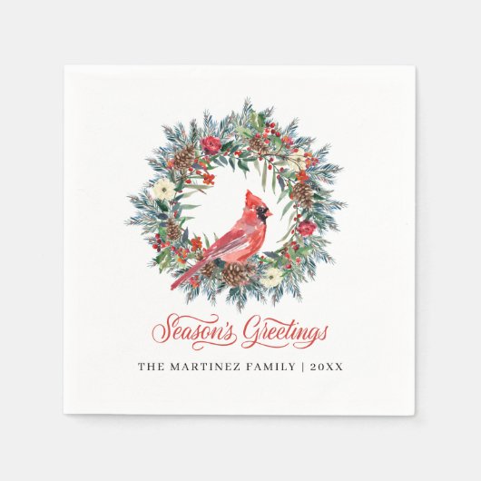 Serviette En Papier Élégantes Bonnes Fêtes couronnes cardinal rouge (Devant)
