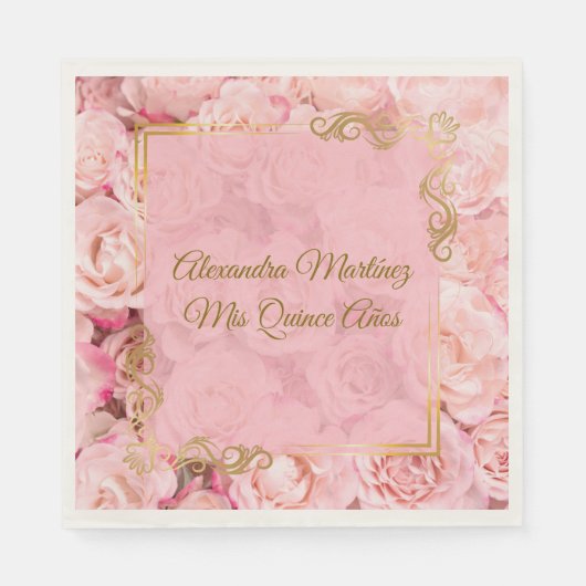 Serviette En Papier Elégantes fleurs rose or Quinceañera (Devant)